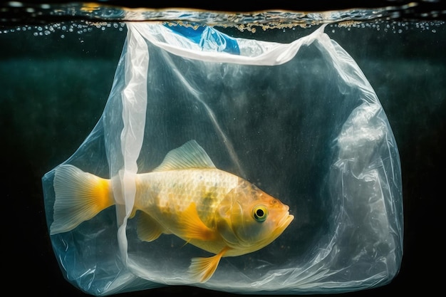 Contaminación plástica del océano Un pez con una bolsa de plástico en el océano Generativo ai