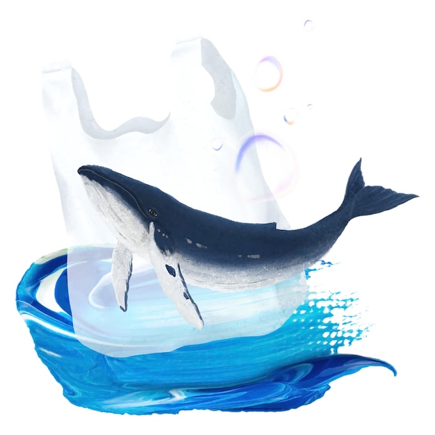 La contaminación plástica de los océanos pegatina png ilustración de animales fondo transparente