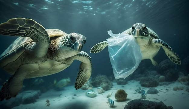 Contaminación plástica en el problema ambiental del océano Las tortugas pueden comer bolsas de plástico confundiéndolas con medusas