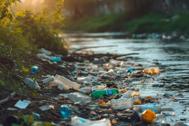 Foto la contaminación plástica de riverside es una crisis ambiental mundial