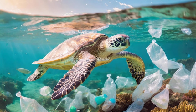 Foto contaminación por plásticos en las tortugas marinas y la vida animal oceánica crisis ambiental