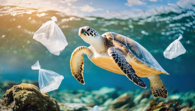 Foto contaminación por plásticos en las tortugas marinas y la vida animal oceánica crisis ambiental