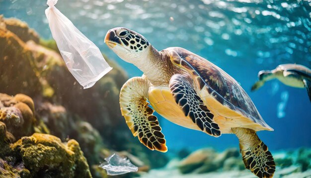 Foto contaminación por plásticos en las tortugas marinas y la vida animal oceánica crisis ambiental