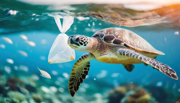 Foto contaminación por plásticos en las tortugas marinas y la vida animal oceánica crisis ambiental