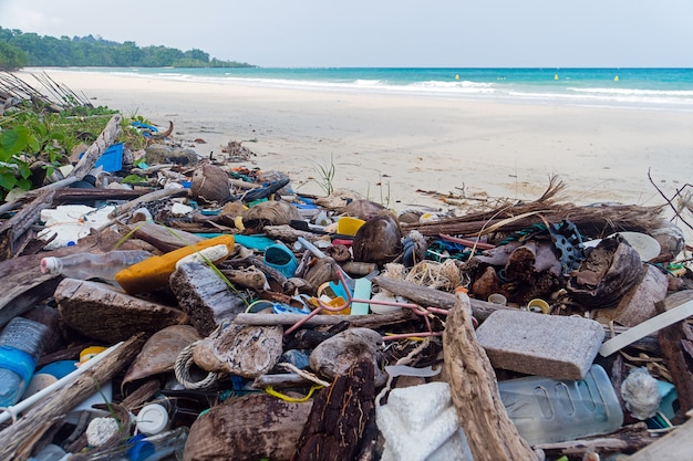 Contaminación en la playa del mar tropical. Basura plástica, espuma, madera y desechos sucios en la playa en verano.