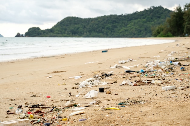 Contaminación de playas. Botellas de plástico y otra basura en la playa.