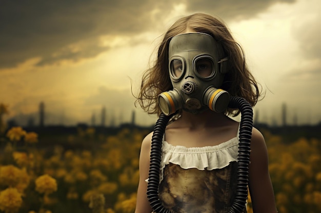 Contaminación radiactiva Un niño con una máscara de gas