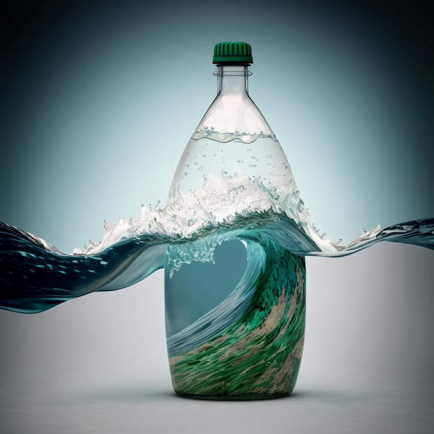 La contaminación por residuos plásticos en el océano una botella de plástico con olas marinas generativas ai