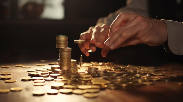 Contar monedas ilustración fotorrealista IA generativa pila de monedas mano de oro