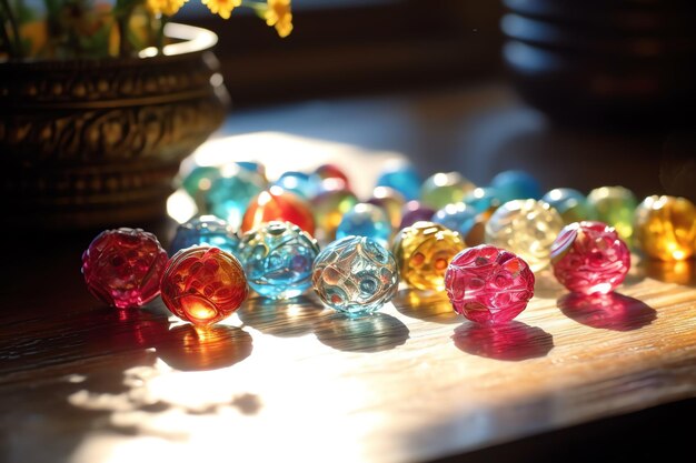 Contas de vidro coloridas sobre uma mesa com um vaso de flores ao fundo