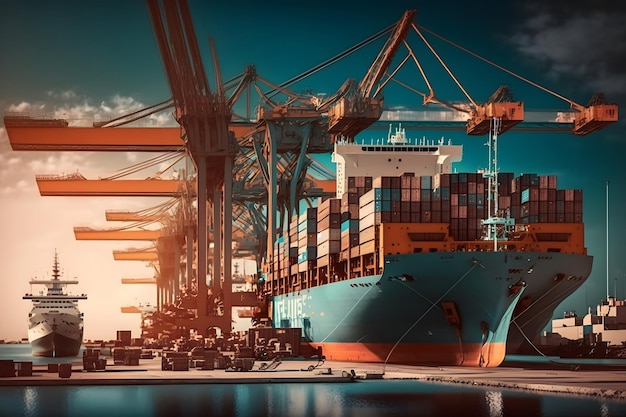 Contêiner de importação de contêineres de carga de guindaste no conceito de porto marítimo logístico internacional, transporte de mercadorias Arte gerada pela rede neural