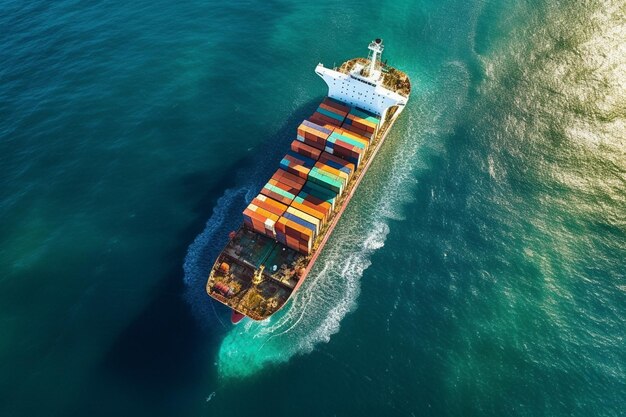 Foto contêiner de navio de carga no centro da vista do dia do mar da água vista média vista aérea