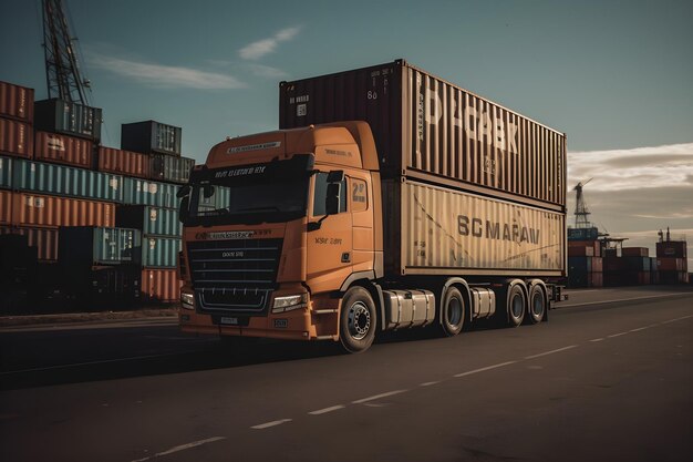 Foto contêiner de transporte de camiões na estrada para o porto