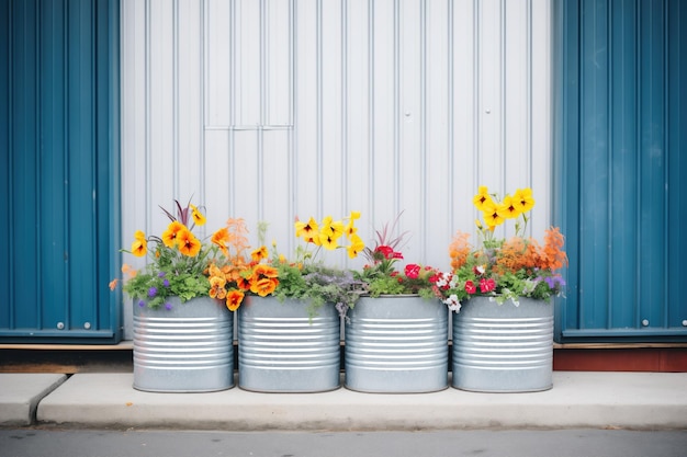 Contêineres de aço galvanizado com flores brilhantes