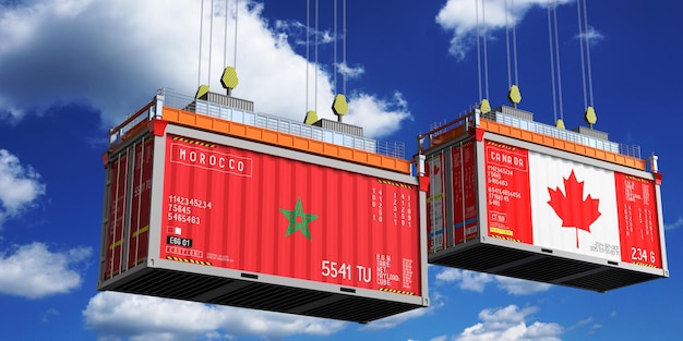 Contêineres de transporte com bandeiras de Marrocos e Canadá ilustração 3D