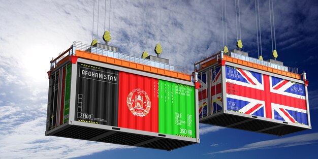 Contêineres de transporte com bandeiras do Afeganistão e do Reino Unido ilustração 3D