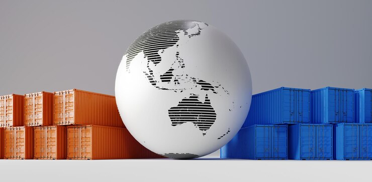 Contêineres de transporte e renderização 3d de plano de fundo global da esfera terrestre