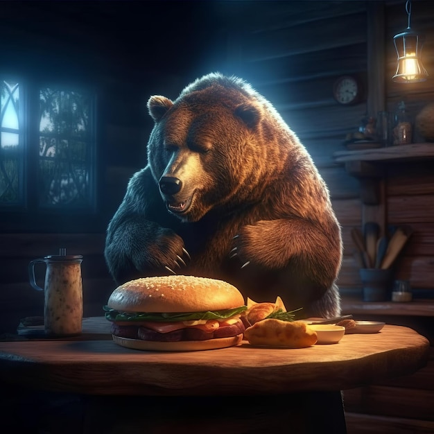 Contempla el hambre poderosa de un oso enorme en un bar que contempla una hamburguesa tentadora en la mesa que transmite los instintos primarios de la IA generativa salvaje