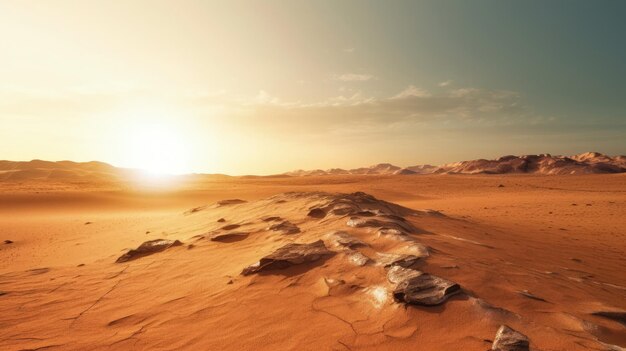 Contempla la vasta extensión de un árido paisaje desértico donde el sol abrasador arroja sus matices dorados sobre el árido terreno a medida que el día llega a su fin. Generado por AI