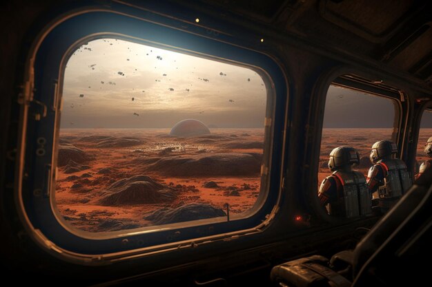 Foto contemplação cósmica astronautas olhando para a nebulosa da órbita marciana