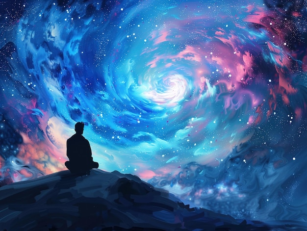 Contemplação Cósmica Uma ilustração serena de um indivíduo solitário sentado no topo de uma colina envolto nos fascinantes redemoinhos de uma vívida galáxia cósmica