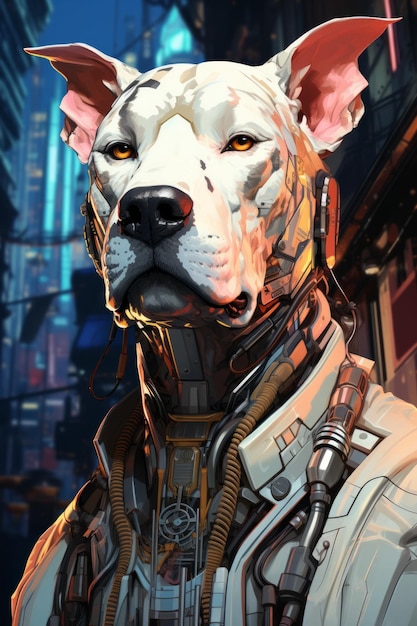 Contemplação de Neon O Dogo Argentino em um futuro cyberpunk