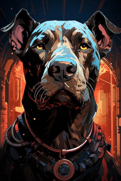 Contemplação de Neon O Dogo Argentino em um futuro cyberpunk