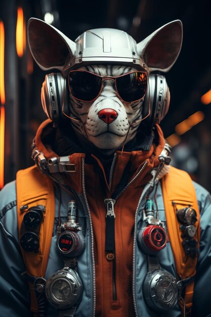 Contemplação de Neon O Dogo Argentino em um futuro cyberpunk