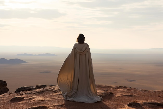 Contemplación del desierto Mujer de Oriente Medio en Abaya con vistas a las interminables arenas