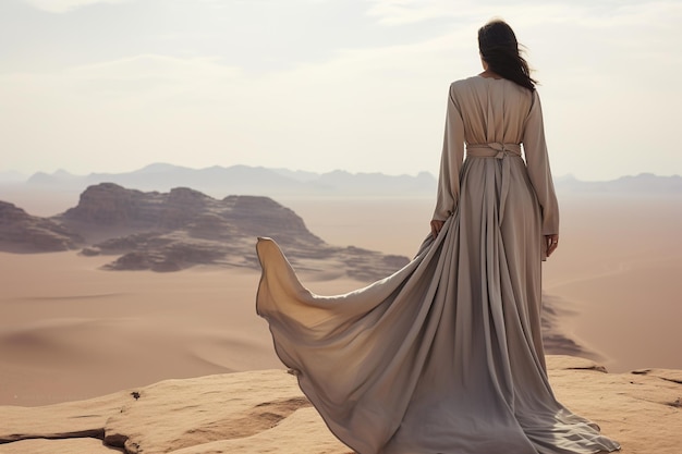 Contemplación del desierto Mujer de Oriente Medio en Abaya con vistas a las interminables arenas