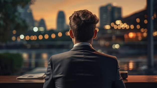 Contemplando Organizações Empresariais Um homem de negócios fica para trás no fundo da cidade do escritório