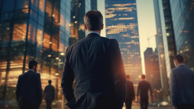 Contemplando organizações empresariais um homem de negócios fica para trás no fundo da cidade do escritório