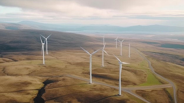 Contemple a notável vista aérea de um enorme parque eólico onde uma infinidade de turbinas eólicas pontilham a paisagem Gerada por IA
