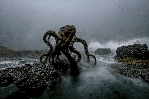 Contemple o poderoso Cthulhu: uma foto de tirar o fôlego de um polvo gigante emergindo das águas geladas da Islândia, perfeita para projetos de fantasia, terror e aventura, criada com a tecnologia Generative AI