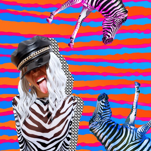 Foto contemporâneo digital funky minimal collage cartaz festa emocional zebra menina em espaço colorido