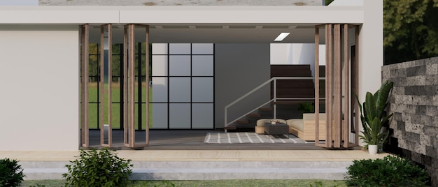 Contemporâneo e moderno design exterior de construção de casas com porta sanfonada sala de estar e jardim
