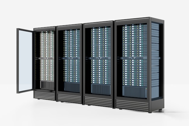 Contenedor de 4 racks de servidores abrir la puerta delantera aislada sobre fondo blanco. Representación de la ilustración 3D.