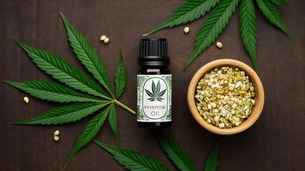 Contenedor de aceite esencial de cannabis con hojas de cannabis y semillas de cannabis