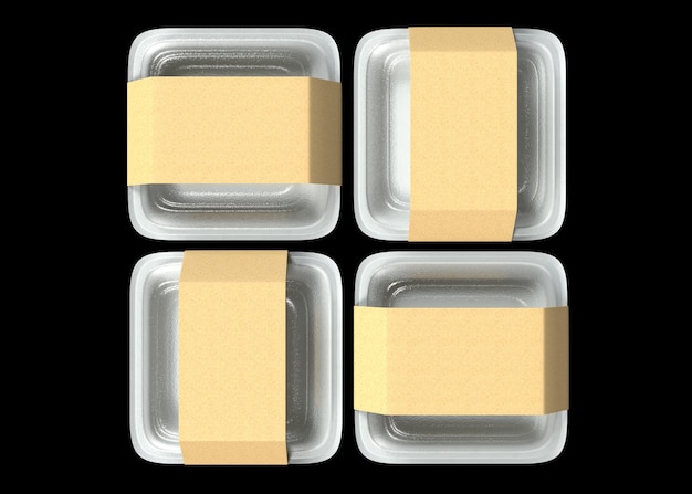 Contenedor de alimentos de plástico de un solo uso cuadrado con tapa transparente y tapa de papel blanco vacío en la parte superior
