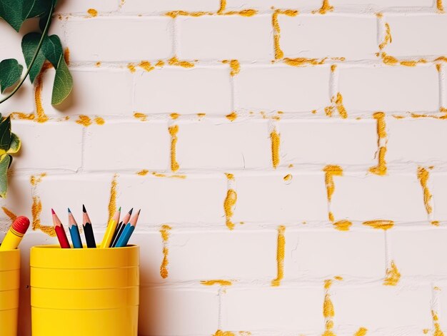 Un contenedor amarillo con lápices y una hoja verde en la pared detrás de la maqueta de la oficina en casa