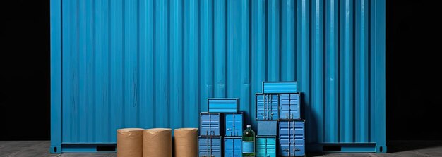 Foto contenedor azul con cajas de cartón cerradas al estilo de carl kleiner