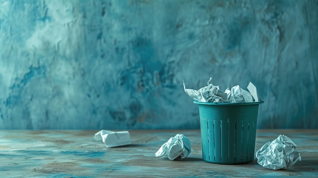 Un contenedor de basura azul azul desbordante con papel arrugado contra un telón de fondo de textura azul