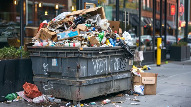 Un contenedor de basura desbordado detrás de un restaurante en medio de la necesidad de residuos