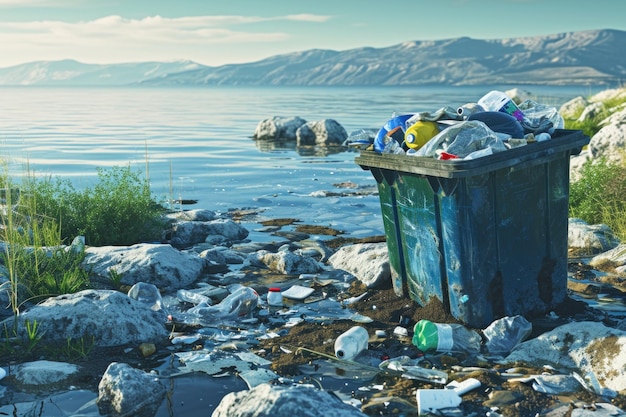 Un contenedor de basura desbordante rodeado de un entorno prístino simboliza el desprecio por los esfuerzos para mantener la limpieza