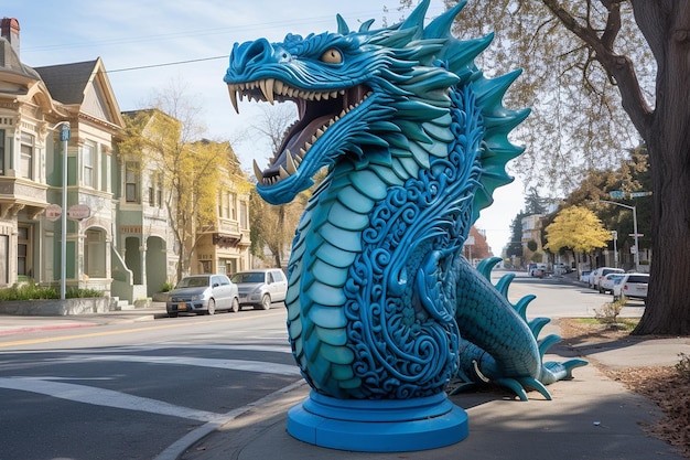 Un contenedor de basura en forma de dragón en la esquina de la calle