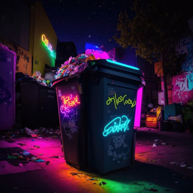 Contenedor de basura con graffiti de neón Imagen generada por IA de disparo nocturno