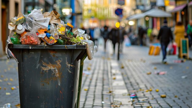 Foto un contenedor de basura lleno de basura, incluidos residuos de alimentos y plástico, colocado en una acera cerca de un concurrido distrito comercial