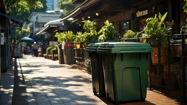 Foto un contenedor de basura verde en una acera de la ciudad.