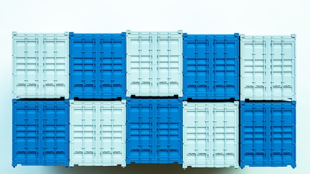Contenedor de carga azul y blanco, exportación de importación de caja de distribución, industria de envío logístico internacional de carga de entrega de transporte empresarial global sobre fondo blanco.