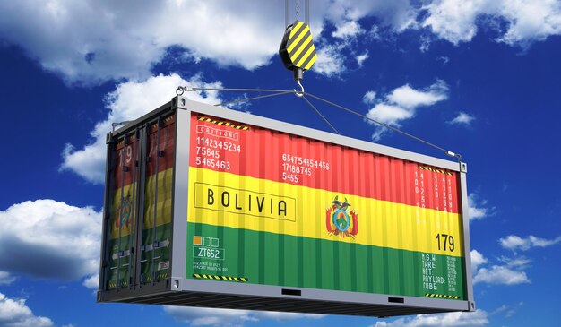 Contenedor de carga con bandera nacional de Bolivia colgando en el gancho de la grúa Ilustración 3D
